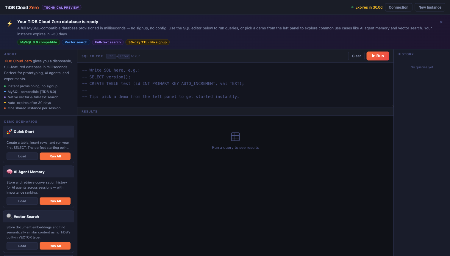 TiDB Cloud Zero Browser SQL editor screenshot